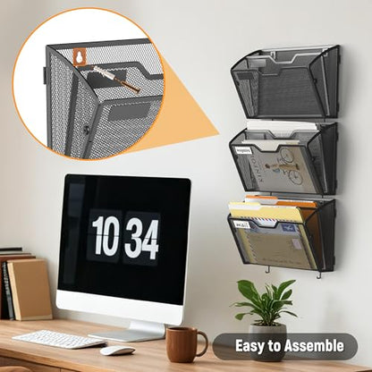 Docnest 2 Tier Mesh Wall File Holders with Hooks – 3 Pack Hanging Letter Holder - Document Organizer for Mail, Paper, Office, Home, School – Space-Saving Wall Mounted Folder Holder – Black - color: 2 Tier-Black-3 Pack