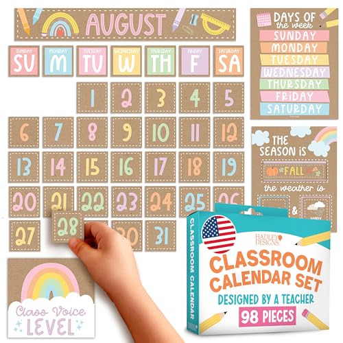 Hadley Designs Classroom Calendar Set Bulletin Board Decorations - Kraft School Calendar for Classroom Decor, Kindergarten Preschool Elementary Teacher Must Haves, Homeschool & Daycare Essentials - style: Kraft Colorful
