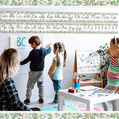 Set of 9 Cursive Writing Bulletin Board Cursive Alphabet Wall Strip for Teacher Supplies, Classroom Teaching Tool, Homeschooling, Kids Education (Eucalyptus) - style: Eucalyptus