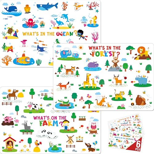 6 Pack Placemats for Kids, Non-Slip Washable, Reusable Placemat - Dinosaur, Farm/Wild/Marine Animals, Construction Site, Universe, Educational Placemats for Home, Kindergarten, Classroom, Nursery - style: Style-D