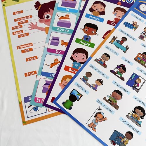 Lachilly Emotions, Prepositions, My Body, My Day Educational Posters for Toddlers, Classroom Decorations, Kindergarten Supplies Materials, Teacher Teaching Aids, 4Pcs for Distance Learning, A3 Size - style: Emotions, Prepositions, My Body, My Day