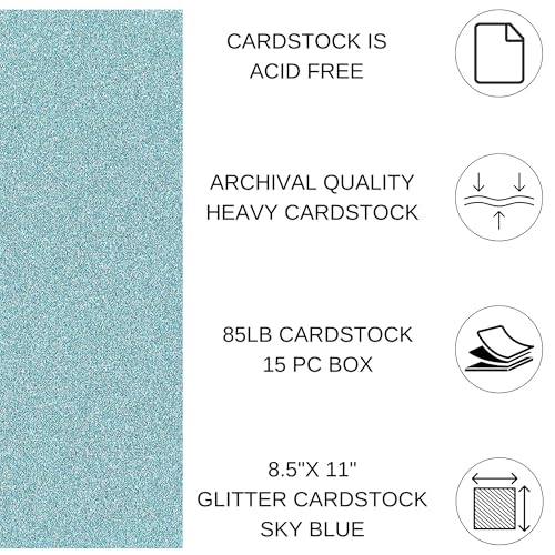 PA Paper Accents Glitter Cardstock 8.5" x 11" Sky Blue, 85lb colored cardstock paper for card making, scrapbooking, printing, quilling and crafts, 15 piece pack