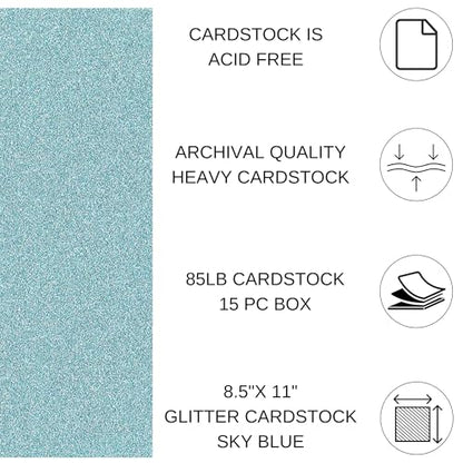 PA Paper Accents Glitter Cardstock 8.5" x 11" Sky Blue, 85lb colored cardstock paper for card making, scrapbooking, printing, quilling and crafts, 15 piece pack