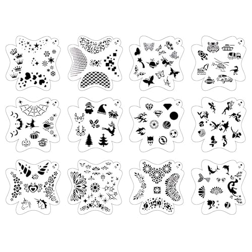 12 Reusable Face and Body Painting Stencils, 7.87x7.87 Inch Templates with Halloween, Christmas, Butterfly, Unicorn, and Floral Patterns for Temporary Tattoos and Art - color: 12 Reusable Stencils