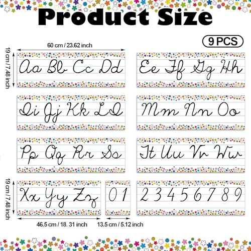 Set of 9 Confetti Cursive Writing Bulletin Board Colorful Cursive Alphabet Wall Strip for Teacher Supplies, Classroom Teaching Tool, Homeschooling, Kids Education - style: Confetti