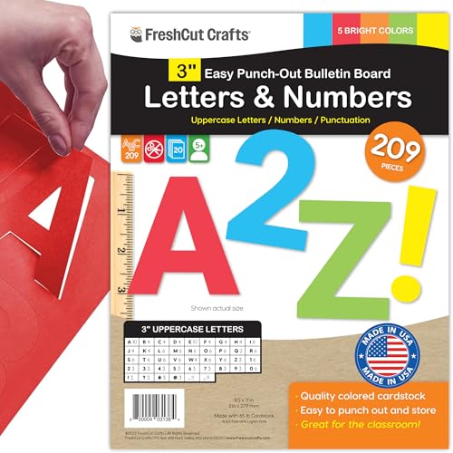 209 Pcs 3" Bright Bulletin Board Letters & Numbers, Capital, Numbers, Punctuation, US Made Card Stock Punch Out Letters for Poster, Bulletin Board, Classroom - Precut - color: Bright