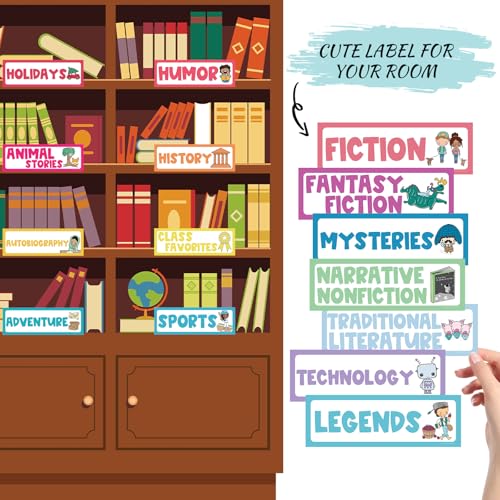 Tinlade 56 Pcs Back to School Classroom Library Labels for School Genre Topic Book Classroom Library Organization Teacher Supplies Cards for Book Bins Bookshelf Reading Corner(Classic) - style: Classic