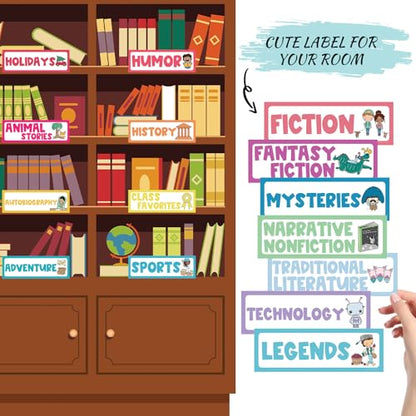 Tinlade 56 Pcs Back to School Classroom Library Labels for School Genre Topic Book Classroom Library Organization Teacher Supplies Cards for Book Bins Bookshelf Reading Corner(Classic) - style: Classic