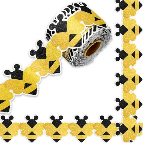 Whaline 65.6Ft Bee Bulletin Board Border Glitter Yellow Bee Die Cut Trim Border Roll for Summer Birthday Baby Shower Supplies - style: Cute Bee