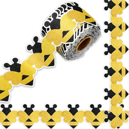 Whaline 65.6Ft Bee Bulletin Board Border Glitter Yellow Bee Die Cut Trim Border Roll for Summer Birthday Baby Shower Supplies - style: Cute Bee