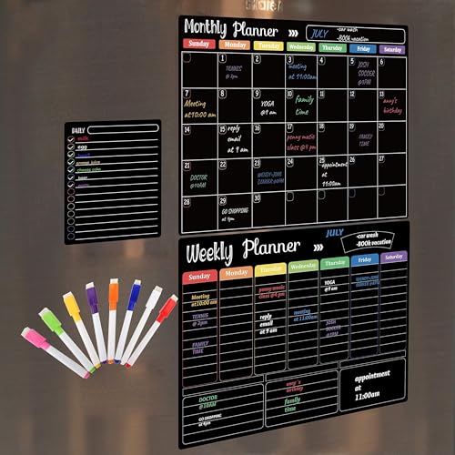 Hivillexun Magnetic Black Dry Erase Calendar White Board Set (3-Pack) - Monthly, Weekly Planners & Daily Notepad for Fridge, Home & Office, Includes 8 Markers - color: Black Monthly/Weekly/Daily Planners + 8 Markers & Eraser