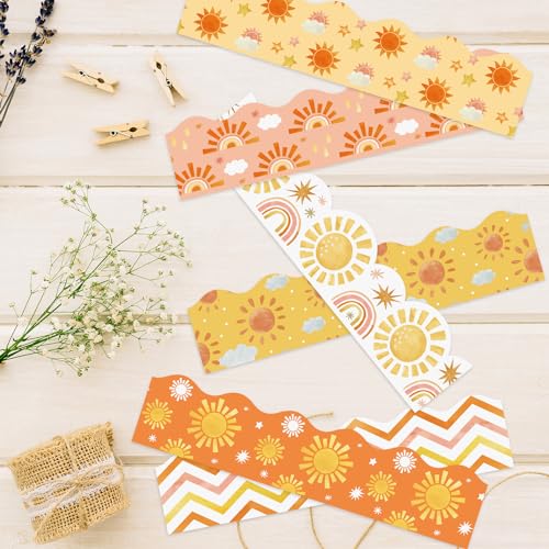 BeYumi 96Pcs Boho Sun Themed Bulletin Board Borders Boho Hippie Sunshine Scalloped Border Trim Decoration Set Rainbow Sun Holiday Back to School Classroom Office Party Chalkboard Blackboard Decor - style: Boho Sun
