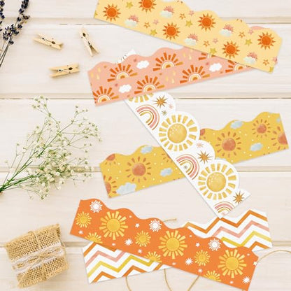 BeYumi 96Pcs Boho Sun Themed Bulletin Board Borders Boho Hippie Sunshine Scalloped Border Trim Decoration Set Rainbow Sun Holiday Back to School Classroom Office Party Chalkboard Blackboard Decor - style: Boho Sun