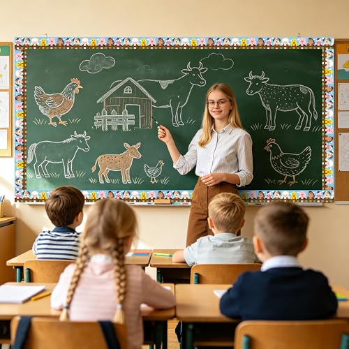 BeYumi Farm Animals Border Trim - 65ft Back to School Farm Animals Straight Rolled Border Trim Cute Cartoon Animal Bulletin Board Set School Classroom Office Farmhouse Chalkboard Party Holiday Decor - style: Farm Animal