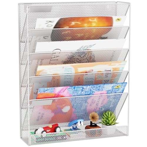 Wall File Organizer Holder Mesh Hanging Paper Document Holder, Vertical 6 Pocket Tier for Office Home, Silver - color: Silver, size: 6 Tier Ver.A