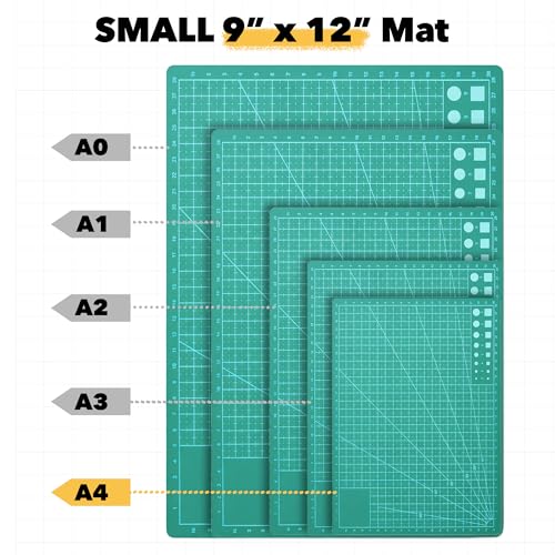 Mandala Crafts Self-Healing Cutting Mat Set – 9" x 12" A4 Green Double-Sided 5-Ply Mat with Fabric Cutter, Quilt Ruler & Craft Knife for Sewing, Quilting, Leather & Scrapbooking - color: Green Combo, size: 9 x 12 Inches Mat Combo