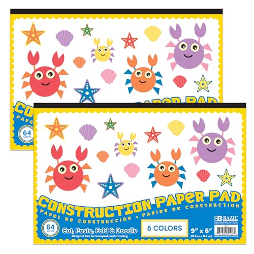BAZIC Products Color Mini Construction Paper Pad, 6 x 9 in, 64 Ct, 2-Pack | 64-sheet mini pad of assorted-color construction paper, cutting, folding, crafts - size: 2-Pack