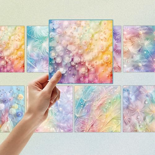 Dreamy Dandelion Feather Pearl Scrapbook Paper Pad - 24 Sheets Soft Pastel Gradient Designs - 15x15cm Square Craft Paper for Junk Journal Decoupage - color: Rainbow Feathers
