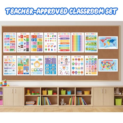 UNCLE WU 16 Pack Educational Posters for Ages 2-6, Preschool Classroom | Laminated learning charts cover ABC, numbers 1-100, shapes, colors, maps, homeschool, daycare, and kindergarten