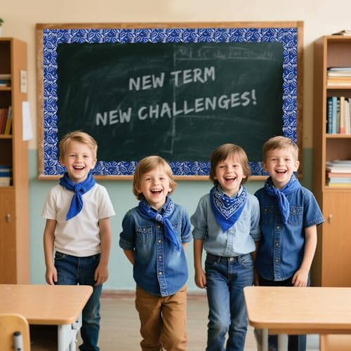BeYumi Cowboy Bandana Border Trim - 65ft Back to School Western Themed Blue Bandana Scalloped Rolled Border Trim Wild West Themed Bulletin Board Set Classroom Office Chalkboard Wall Party Decoration - style: Western Cowboy Blue