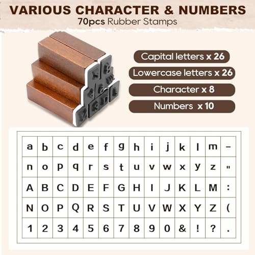 70 Pack Wooden Alphabet Stamps Set, Letter Stamps for Clay & DIY Crafts, Rubber Stamps for Crafting with Letters, Numbers & Symbols, Stamp Set for Scrapbooking, Card Making & Journaling