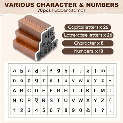 70 Pack Wooden Alphabet Stamps Set, Letter Stamps for Clay & DIY Crafts, Rubber Stamps for Crafting with Letters, Numbers & Symbols, Stamp Set for Scrapbooking, Card Making & Journaling