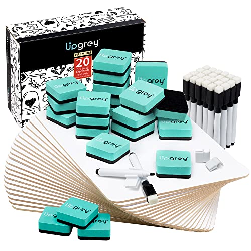 UPGREY Dry Erase Boards, Small Whiteboard 20 Pack 9"X12" Double-Sided Mini Whiteboards for Kids Lapboards with 24 Pens+24 Erasers+24 Pen Clips for Students, Teachers, Class, Office