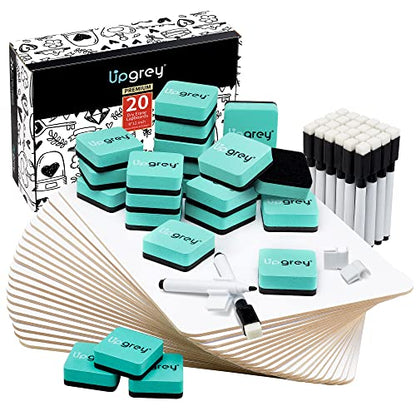 UPGREY Dry Erase Boards, Small Whiteboard 20 Pack 9"X12" Double-Sided Mini Whiteboards for Kids Lapboards with 24 Pens+24 Erasers+24 Pen Clips for Students, Teachers, Class, Office