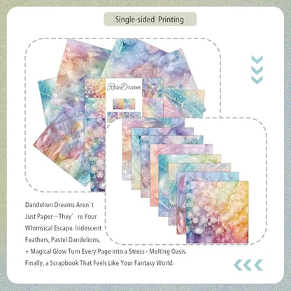 Dreamy Dandelion Feather Pearl Scrapbook Paper Pad - 24 Sheets Soft Pastel Gradient Designs - 15x15cm Square Craft Paper for Junk Journal Decoupage - color: Rainbow Feathers