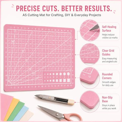 A5 Cutting Mat - Pink Self-Healing Plastic Mat for Crafting, Paper Cutting & DIY Art Projects, Portable Craft Board for Hobby Knives & Scissors, Non-Slip Surface for Precision Work