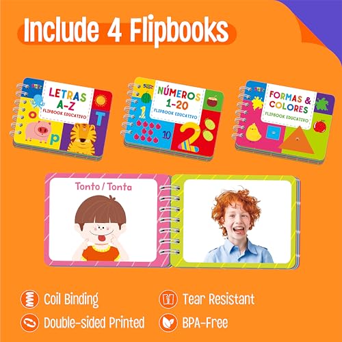 4 Spanish Learning Flipbooks, Double-Sided Printed Mini Book Set, Alphabet A-Z, Number 1-20, Feelings and Emotions, Shapes and Colors Mini Board Books Set, Early Educational Tool for Kids - style: Spanish Learning