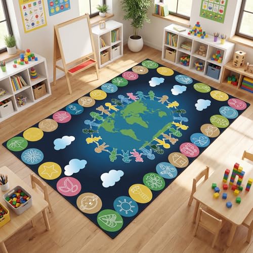 Drydiet Classroom Rug Elementary Educational Daycare Rug 11.8 x 6.6ft The One World Area Map Shapes Large Preschool Carpet for Classroom Playmat for Kids Toddler Nursery School Early Learning - color: Multi Color, size: 11.8x 6.6ft, style: Earth
