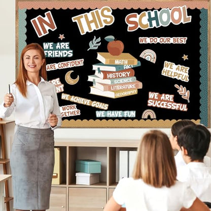 Motivational Bulletin Board Decoration Set Affirmation Station Bulletin Board Classroom Decorations Modern Boho in This School Paper Cutouts for Back to School Library Wall Door Decor - style: In this school