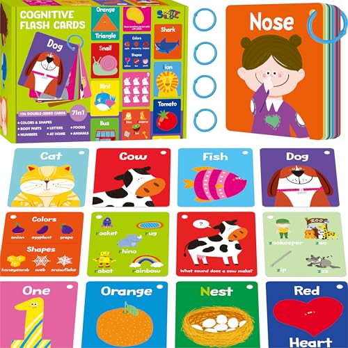 110 PCS Early Learning Flashcards, Double Sided Cards- Alphabet, Numbers, Foods, Animals, Shapes, Colors, Home Object with 4 Reclosable Rings, Learning Tool for Pre-K Kindergarten Toddlers - style: Cognitive Flashcards - 110 Pcs