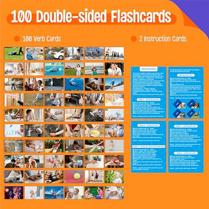 100 Verb Flashcards, Picture & Word Cards Action Language Builder Visual Aid Language Learning Tool for Autism, ESL Teaching Materials for Adults, Non-Verbal Children Vocabulary Builder for Kids - style: 100 Verb Flashcards