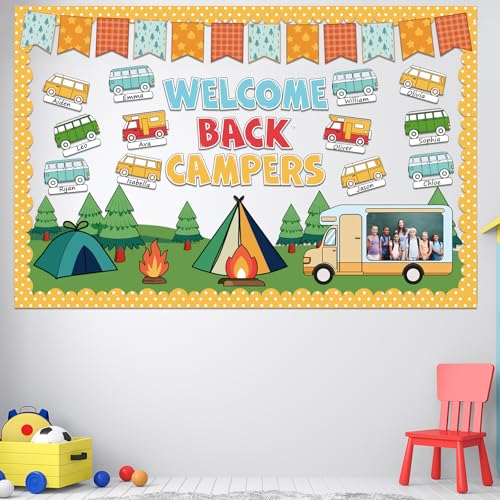 Summer Camping Bulletin Board Decorations Set Welcome Back Camper Classroom Decor Adventure Camp Themed Campfire Tent Paper Cutouts for Woodland Party Back to School Chalkboard Wall Supplies Favor - style: Summer Camping
