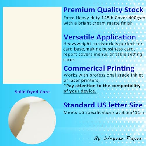 50 Sheets 148lb Cream Cardstock, 8.5" x 11", Extra Heavy Duty Off-White Paper for Card Base DIY Craft Card Making, 148LB Cover 400 GSM - color: Cream, size: 148lb-50sheets