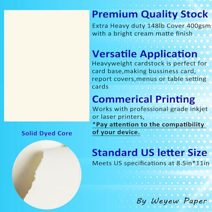 50 Sheets 148lb Cream Cardstock, 8.5" x 11", Extra Heavy Duty Off-White Paper for Card Base DIY Craft Card Making, 148LB Cover 400 GSM - color: Cream, size: 148lb-50sheets