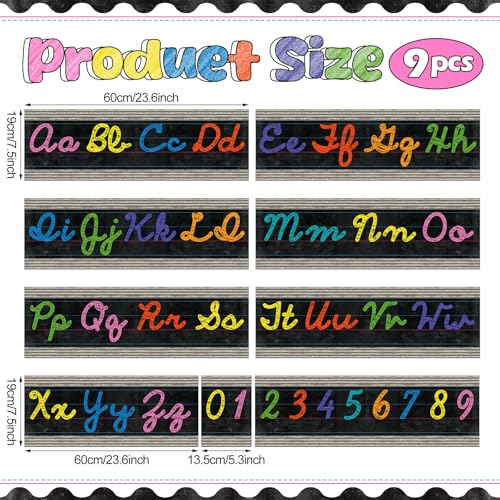 Set of 9 Cursive Writing Bulletin Board Cursive Alphabet Wall Strip for Teacher Supplies, Classroom Teaching Tool, Homeschooling, Kids Education (Vibrant) - style: Vibrant