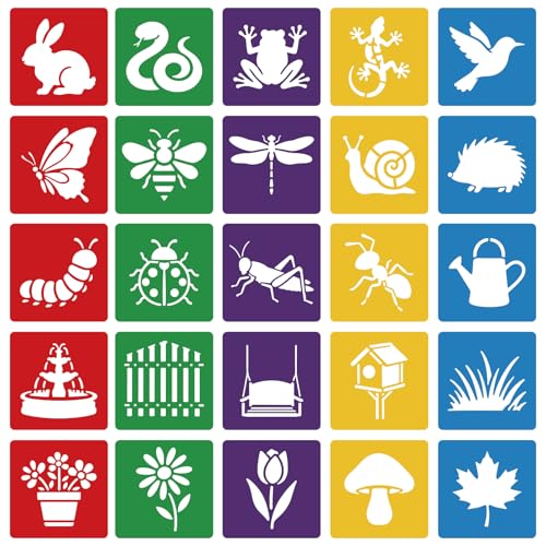 CUTHOLLOW 25PCS Garden Animals Painting Shape Stencils Sets - 8 Inch Reusable&Washable Drawing Template, Different Primary Themed Sidewalk Chalk Art Stencils Kit for Craft Room Wall Paper - style: Garden Animals