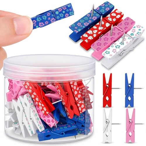 LemonRoad 60 Pcs Push Pin with Wooden Clips Teacher Cork Board Artworks Decorative Push Pins Tacks for Classroom Photo Bulletin Board Clips (Cartoon-2) - style: Cartoon-2