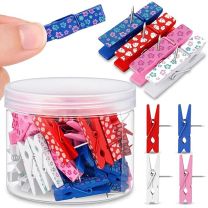 LemonRoad 60 Pcs Push Pin with Wooden Clips Teacher Cork Board Artworks Decorative Push Pins Tacks for Classroom Photo Bulletin Board Clips (Cartoon-2) - style: Cartoon-2