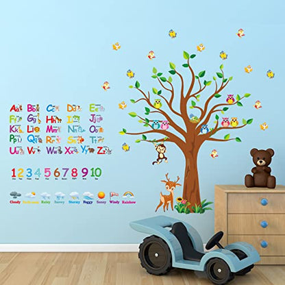 Pajean 4 Sheets Animal Alphabet Numbers Colour Decals for Kids Numbers Learning Children Educational Wall Decals ABC Weather Tree Stickers for Classroom Bedroom Playroom Room Decor Nursery