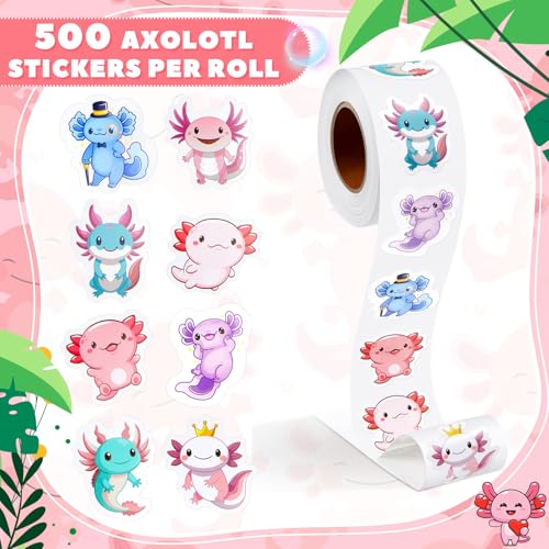 Qeeenar 1 Roll Axolotl Stickers Decal Reward Cute Office Supplies Incentives Animals Sticker Christmas Party Favor, 500 Pcs Each Roll - style: Axolotl