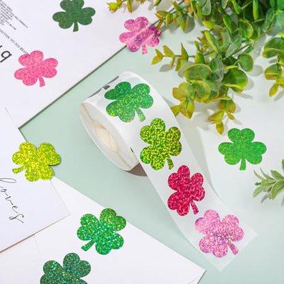 Whaline St. Patrick's Day Stickers Roll Holographic Pink Green Shamrock Seal Stickers Clover Waterproof Self-Adhesive Decals for Envelope Journal Decor Irish Party Supplies, 500Pcs - style: Pink Green Shamrock