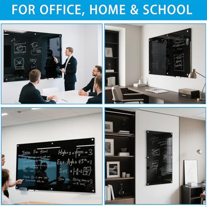 KIZZBY Glass Dry Erase Board - Magnetic Blackboard, 60"X36" Frameless Black Board Clear Glass Boards with Super Strong Magnets, Wall Mounted for Office, Classroom and Home - color: 60"×36" Black