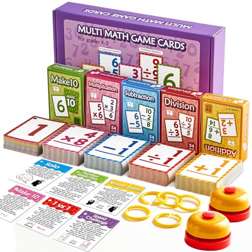 Math Flash Cards Set of 5 Addition Subtraction Division Multiplication Make 10 Games 276 Math Learning Double-Sided Flashcards with 5 Rings 2 Quick Answer Bells for Kids Kindergarten 1st 2nd 3rd Grade