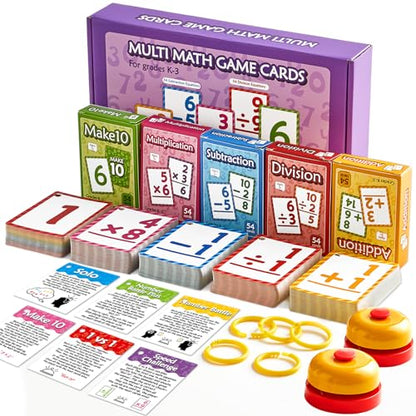 Math Flash Cards Set of 5 Addition Subtraction Division Multiplication Make 10 Games 276 Math Learning Double-Sided Flashcards with 5 Rings 2 Quick Answer Bells for Kids Kindergarten 1st 2nd 3rd Grade