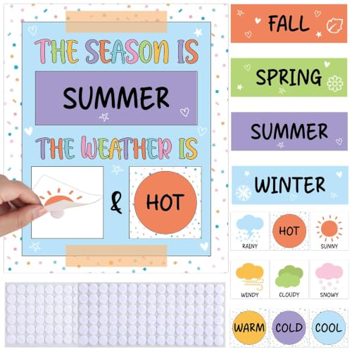 Pastel Watercolor Season and Weather Calendar Bulletin Board Season Calendar Posters with Weather Cards Hook and Loop Dots for Classroom Wall Decor Preschool Kindergarten Student Teacher Supplies - style: Pastel Watercolor