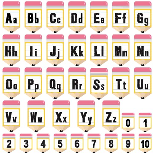 Gilprop 37 Pcs Bulletin Board Letters Educational Posters Alphabet Posters and 0-10 Number Classroom Abc Wall Decor for Kindergarten Toddler Teacher(Pencil Shape) - style: Pencil Shape